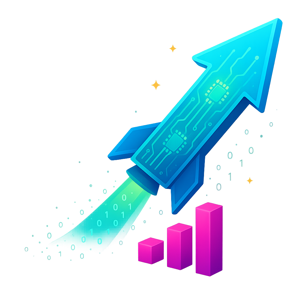 Ilustración de un cohete despegando, simbolizando el crecimiento empresarial con la IA de LYXIA